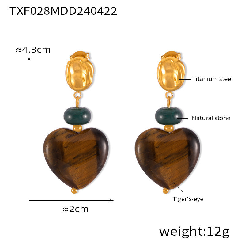 Retro niche light luxury jewelry inlaid with tiger's eye stone square pendant love titanium steel jewelry set
