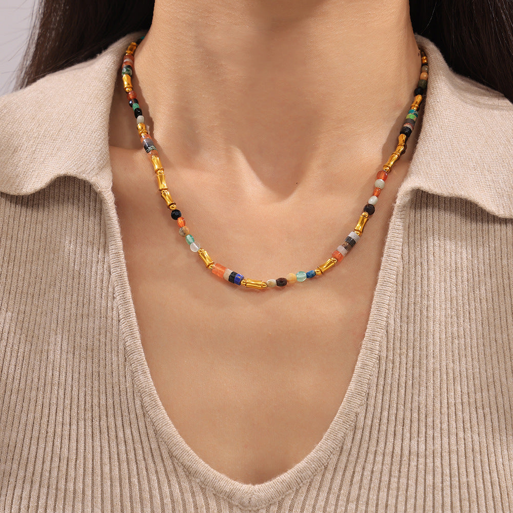 Dopamine Color Natural Stone Beaded Necklace Cross-border Simple Versatile Stainless Steel Clavicle Neck Chain
