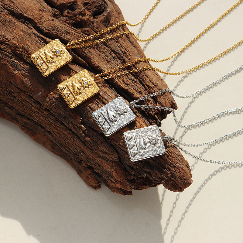 Ancient Egyptian relief hand rest sun square pendant inlaid with zircon necklace titanium steel plated 18K gold collarbone chain