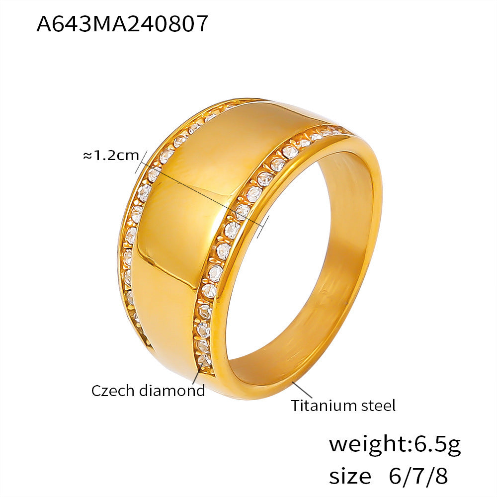 Smooth edged diamond ring simple light luxury titanium steel plated 18k real gold wide version ins wind hand jewelry pp