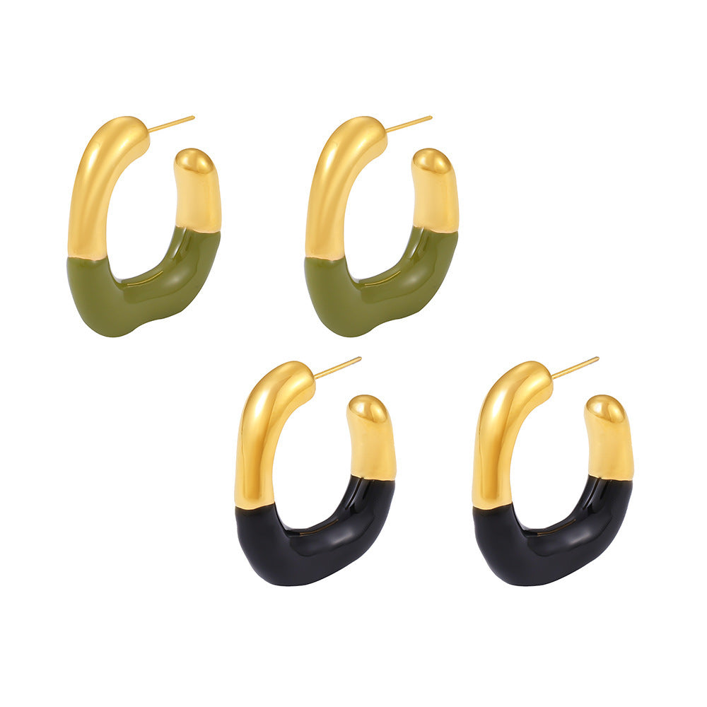 Geometric C-shaped half-drop oil stud earrings niche temperament versatile stainless steel plated 18k gold earrings women