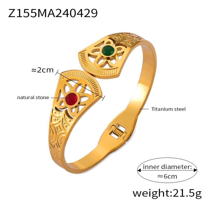 Hot-selling personality retro temperament elegant jewelry inlaid with natural stone design sense hollow titanium steel gold-plated bracelet pp