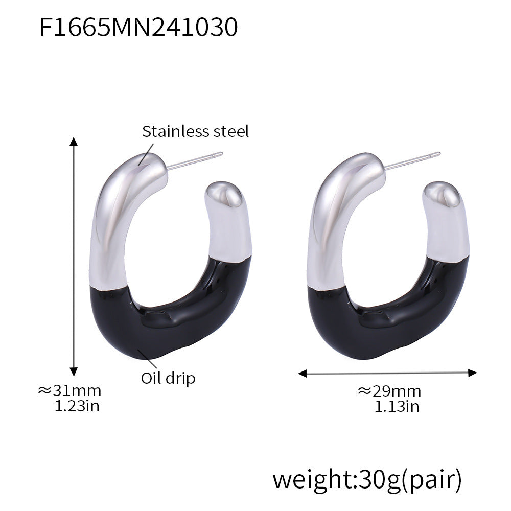 Geometric C-shaped half-drop oil stud earrings niche temperament versatile stainless steel plated 18k gold earrings women