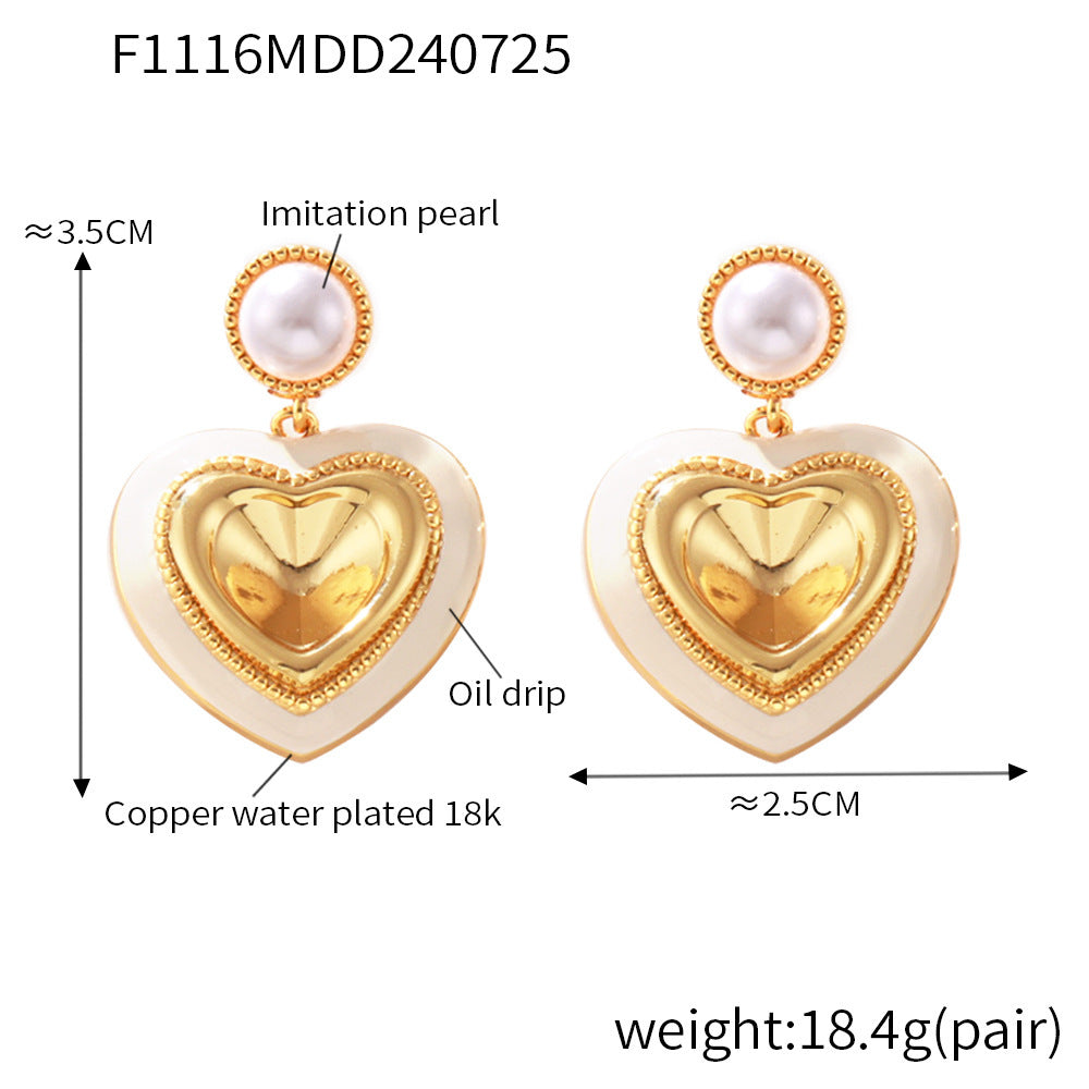 Imitation pearl love three-dimensional glass stone full stud earrings light luxury copper material hot-selling earrings 99