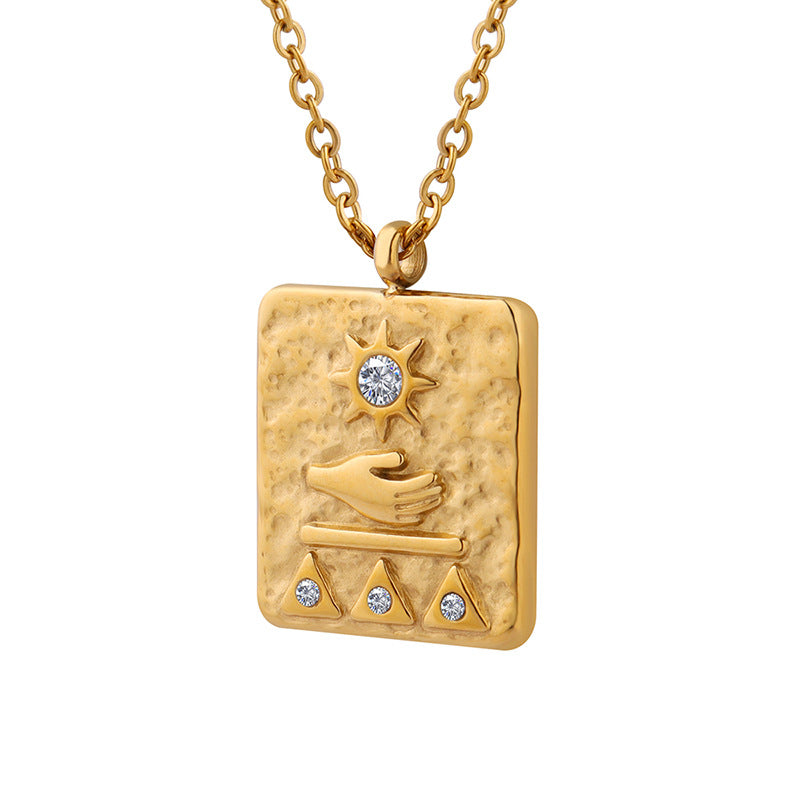 Ancient Egyptian relief hand rest sun square pendant inlaid with zircon necklace titanium steel plated 18K gold collarbone chain