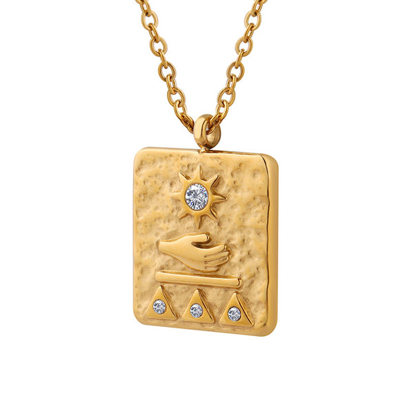 Ancient Egyptian relief hand rest sun square pendant inlaid with zircon necklace titanium steel plated 18K gold collarbone chain