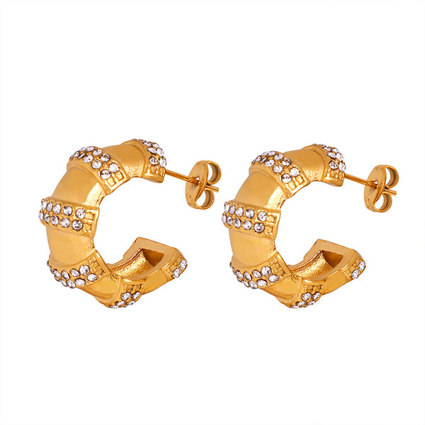 = New jewelry does not fade titanium steel electric inlaid rhinestone C-shaped earrings casual style temperament retro style earrings pp