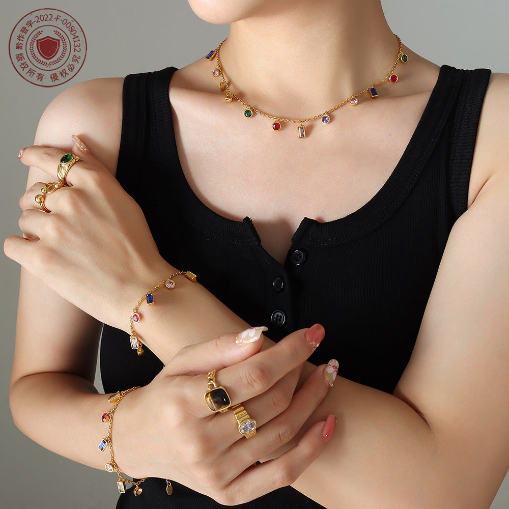 Non-fading light luxury multi-color zircon jewelry set fringed necklace niche design titanium steel bracelet 99