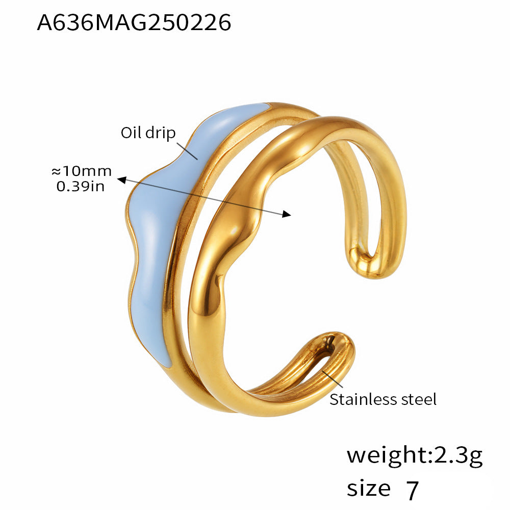 Weight color glaze double layer wave ring temperament creative opening stainless steel plated real gold does not fade jewelry women