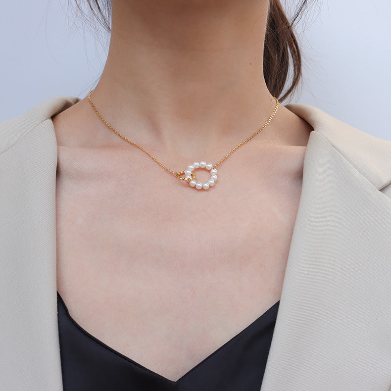 Vintage exquisite ring imitation pearl necklace chocker neck chain collarbone chain titanium steel jewelry spot