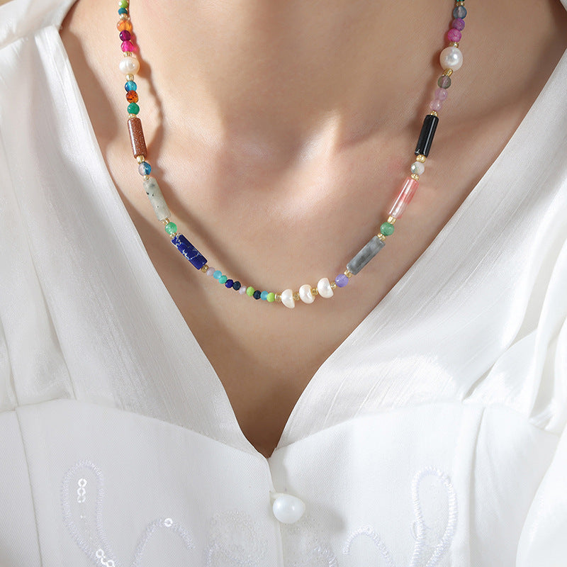 Medieval new high-end fashion retro light luxury natural stone freshwater pearl handmade beaded necklace jewelry women