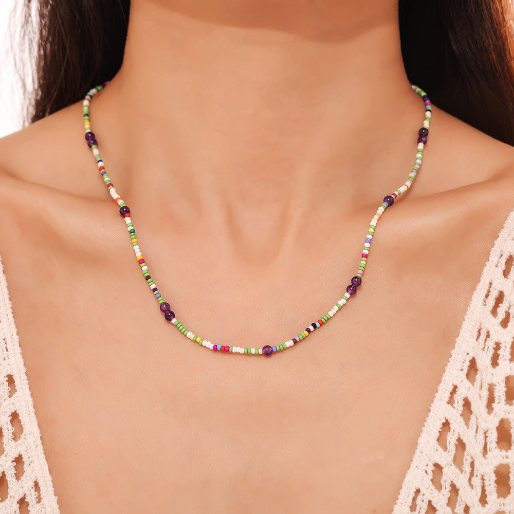 Dopamine natural stone round bead chain light luxury handmade color beaded necklace light luxury temperament neck chain female pp