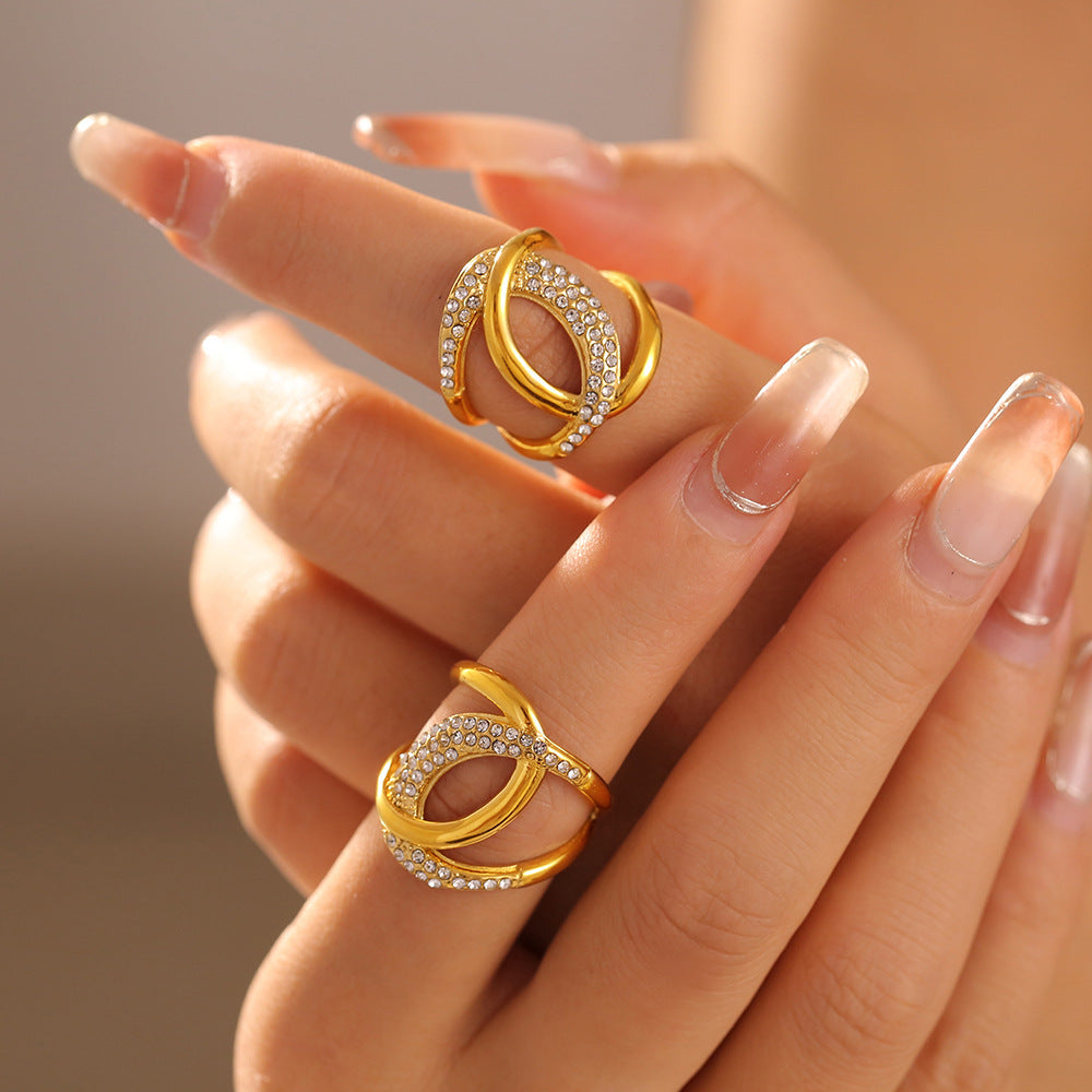 New Xiaoxiangfeng double C inlaid zircon ring women's INS light luxury titanium steel plated 18k real gold index finger ring spot pp