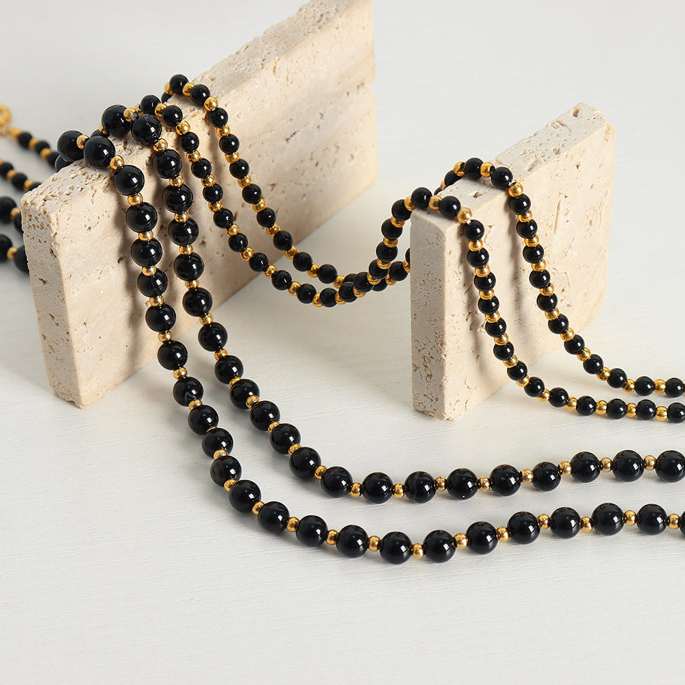 New light luxury high-end niche design black agate handmade beaded titanium steel bead necklace female pp