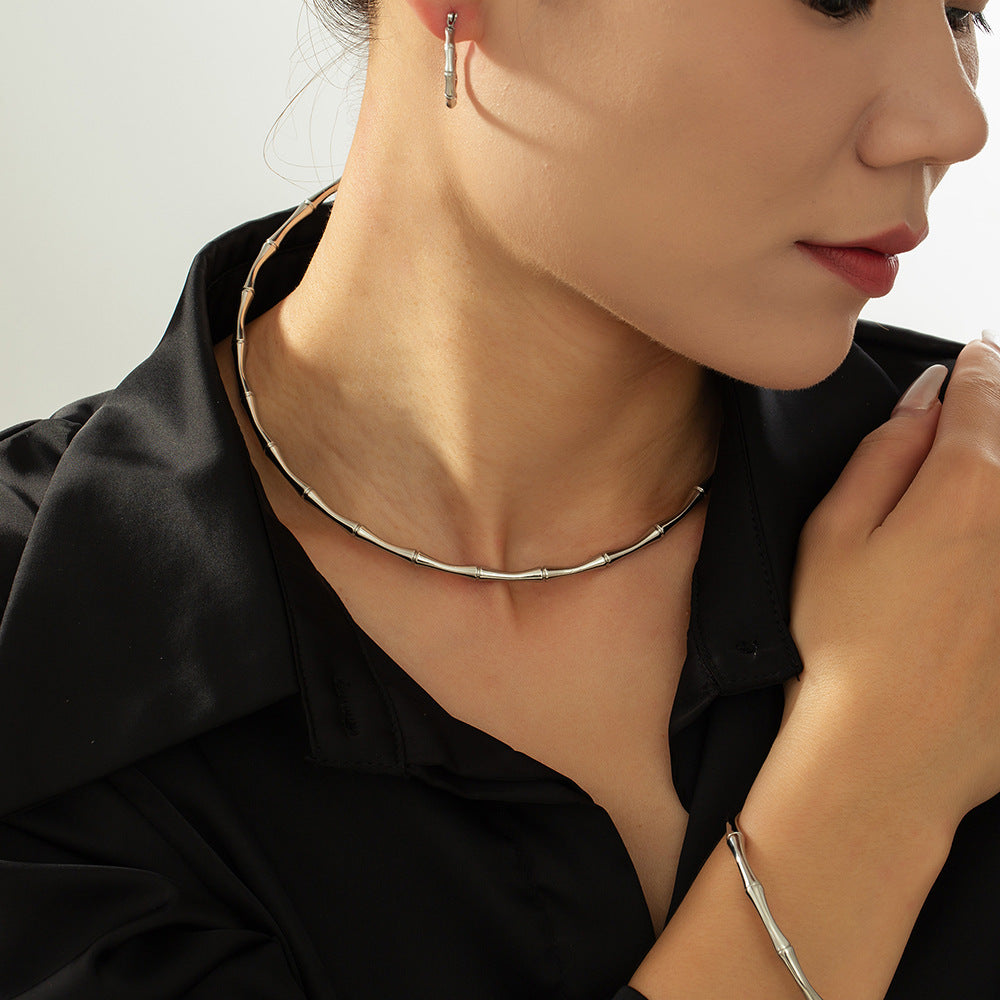 Personality, temperament, elegant and versatile jewelry, bamboo joint splicing design sense, titanium steel gold-plated jewelry set pp