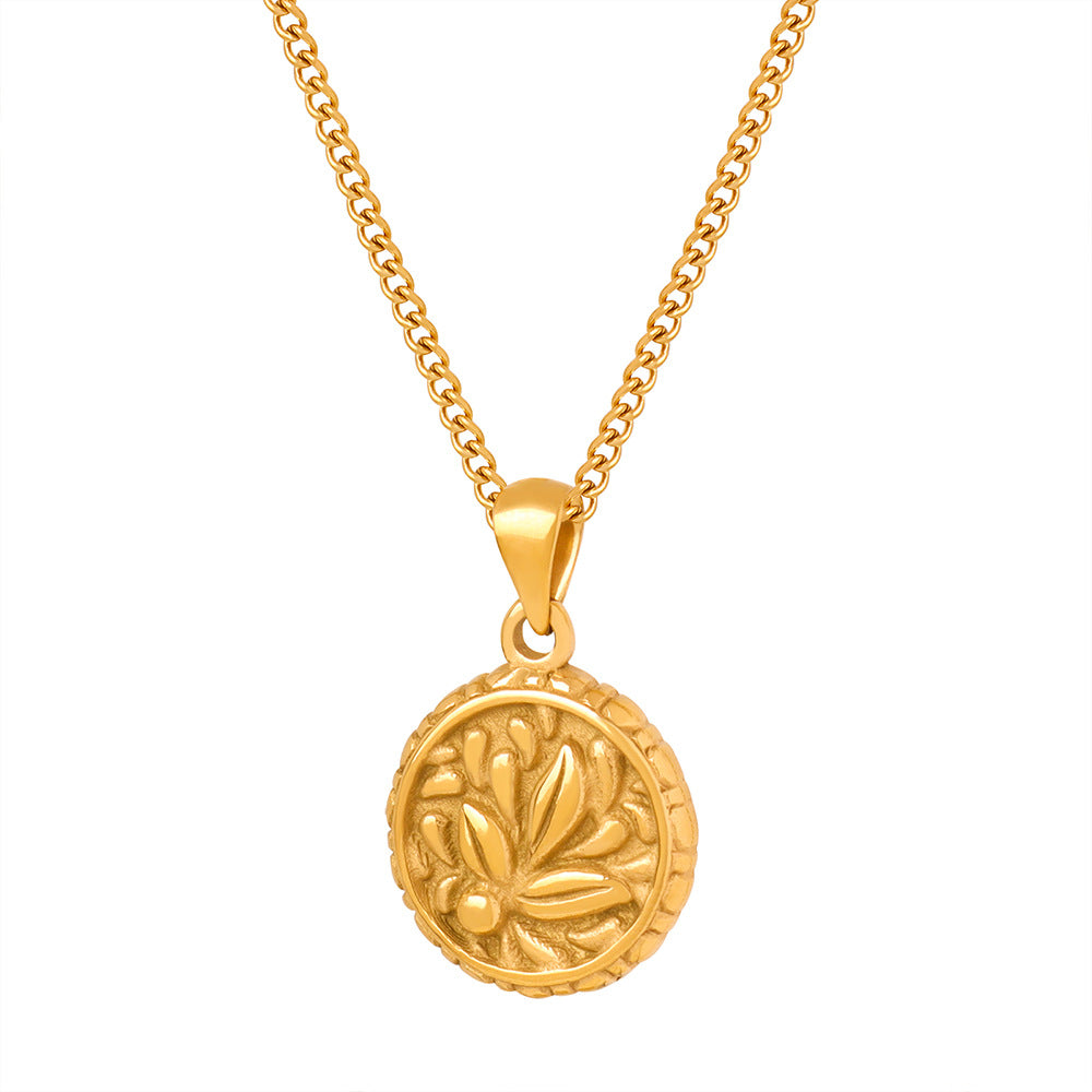 New high-end retro personality round flower titanium steel pendant necklace versatile collarbone chain jewelry pp