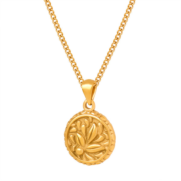 New high-end retro personality round flower titanium steel pendant necklace versatile collarbone chain jewelry pp