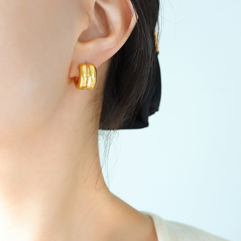 Double-layer C-shaped half-circle mirror earrings women's plated 18K gold stud earrings minimalist retro titanium steel non-fading accessories