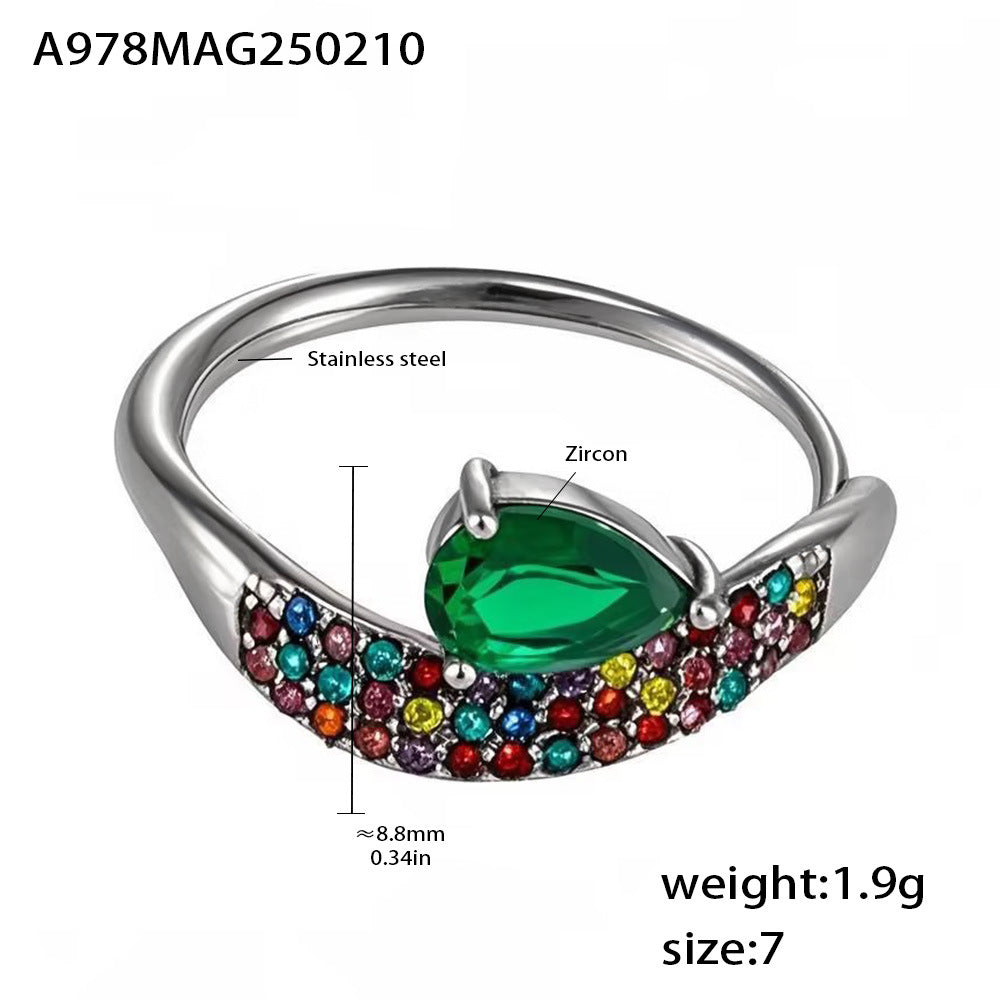 Super flash full diamond zircon water drop ring design sense niche light luxury titanium steel plated 18k gold index finger ring