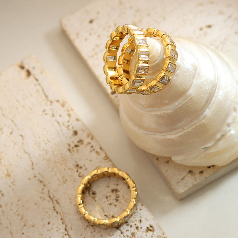 A419-Full diamond zircon ring titanium steel gold-plated index finger ring niche does not fade