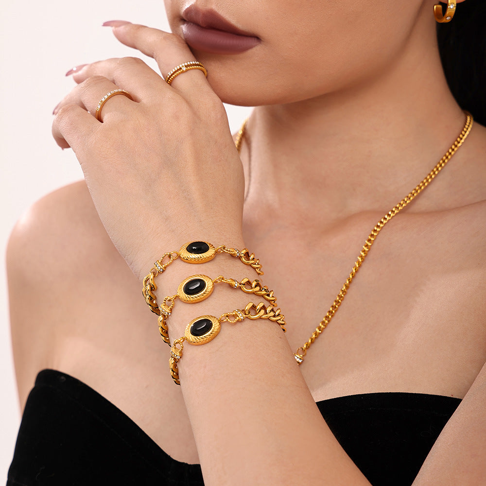 Black agate horseshoe buckle with diamond set necklace bracelet open bracelet jewelry stainless steel plated 18k gold