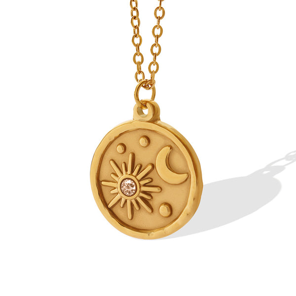 Geometric cold wind versatile zircon star and moon romantic necklace, titanium steel gold-plated round pendant necklace.