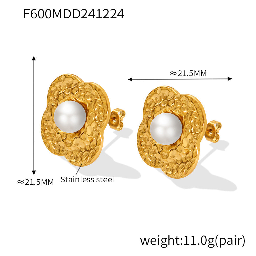 Textured petals flower inlaid bead stud earrings stainless steel electroplated 18K real gold earrings earrings combination