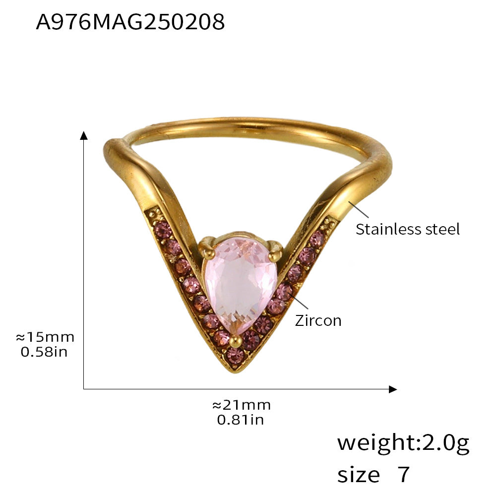 V-shaped full diamond 5A zircon side opening adjustable stainless steel ring does not fade fashionable light luxury index finger ring 99