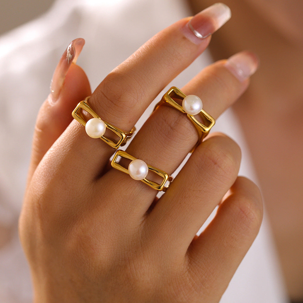 New gold square hollow pearl ring ins style niche open index finger ring stainless steel plated 18k gold 99