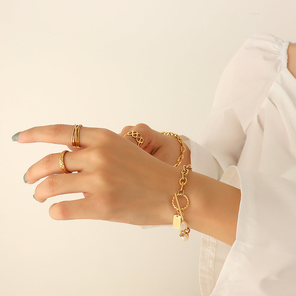 OT buckle geometric square brand simple freshwater pearl gold Christmas bracelet women, titanium steel jewelry wholesale E182