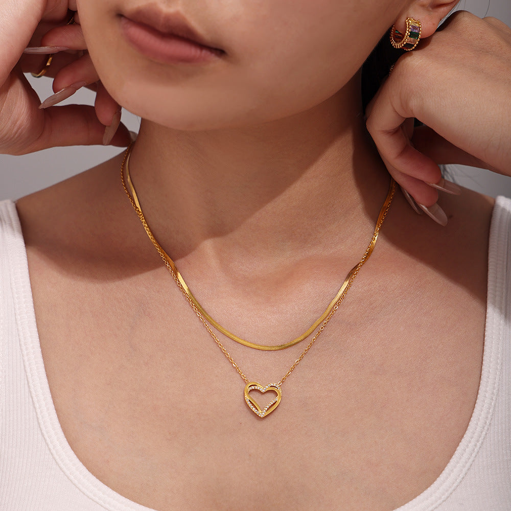 Light luxury double-layer love inlaid zircon collarbone necklace bracelet PVD plated real gold niche sweet set pp