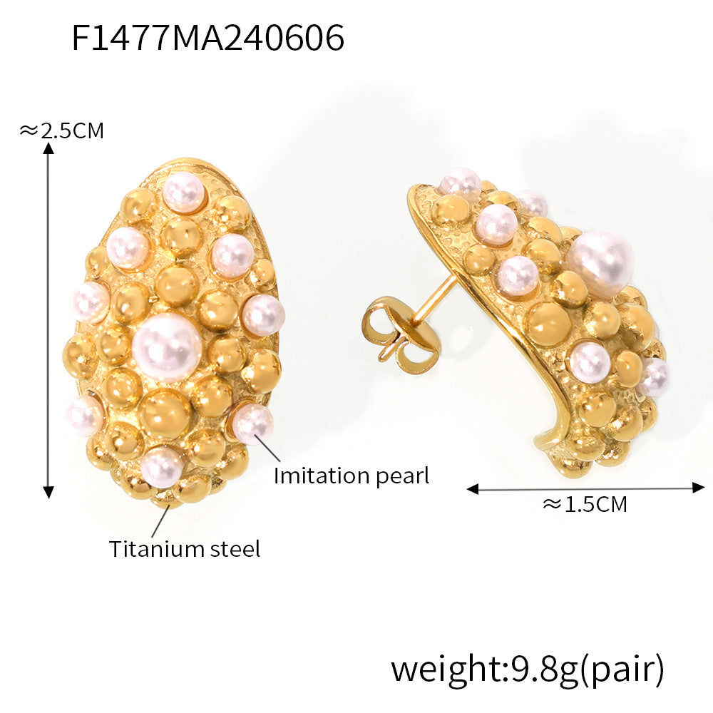 Wind fashion simple personality water drop shape elegant earrings inlaid bead design titanium steel gold-plated stud earrings