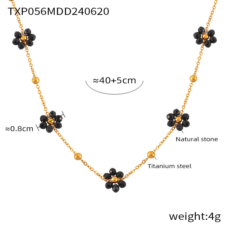 Retro niche personality simple and versatile jewelry natural stone beaded flower shape titanium steel jewelry set 99
