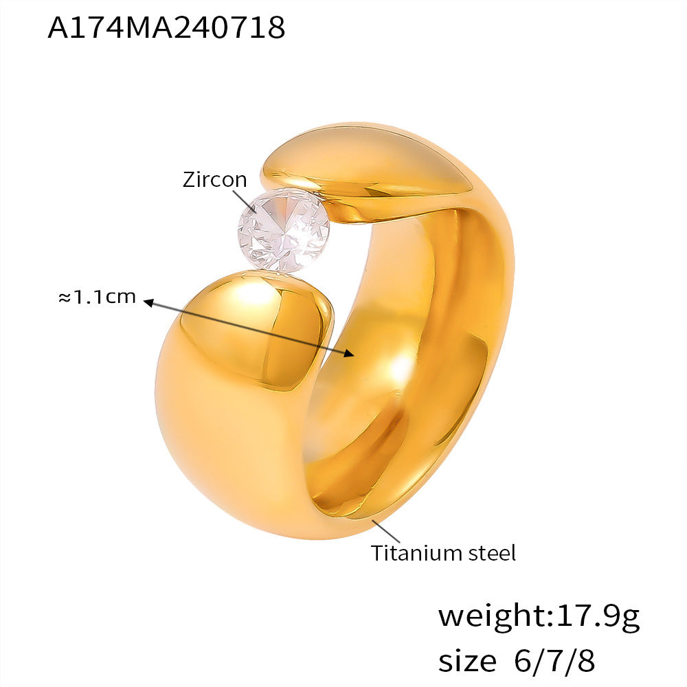 New wide-edge clip zircon smooth ring retro niche design titanium steel plated 18k gold jewelry pp