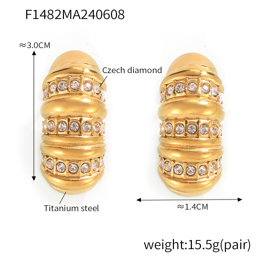 Wind personality niche geometric cylindrical shape earrings elegant versatile diamond-set design titanium steel stud earrings