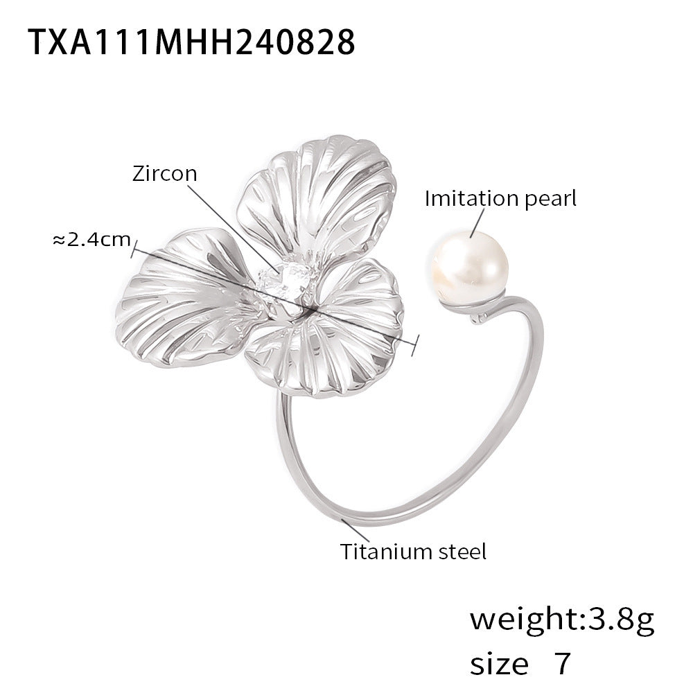 Light Luxury Pearl Flower Ring Titanium Steel 18k Gold Non-Fading Opening Adjustable Ring Fashion Earrings