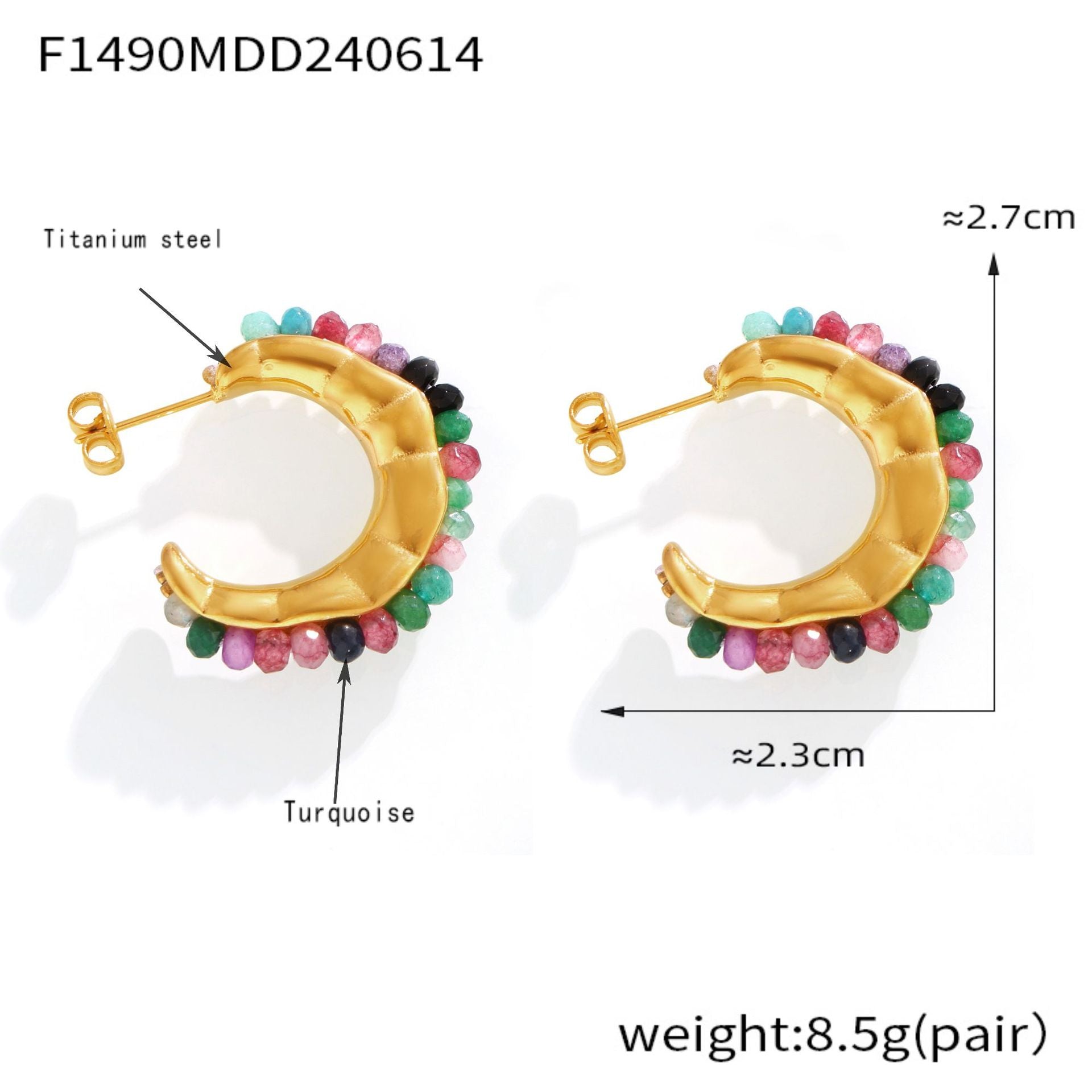 Dopamine wear fashionable simple personality elegant jewelry inlaid with colorful natural stone design titanium steel C stud earrings pp