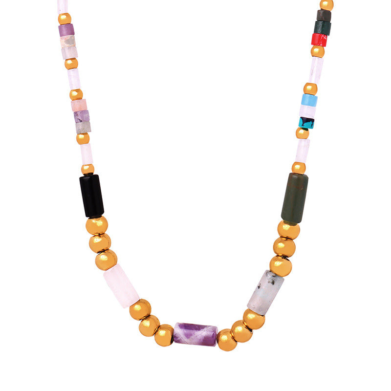 New cross-border high-end light luxury titanium steel gold-plated natural crystal stone handmade beaded necklace jewelry female pp