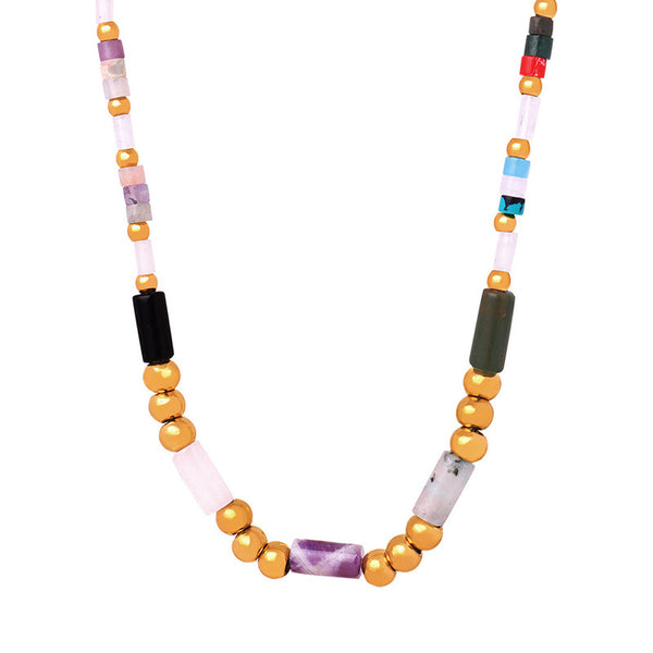 New cross-border high-end light luxury titanium steel gold-plated natural crystal stone handmade beaded necklace jewelry female pp
