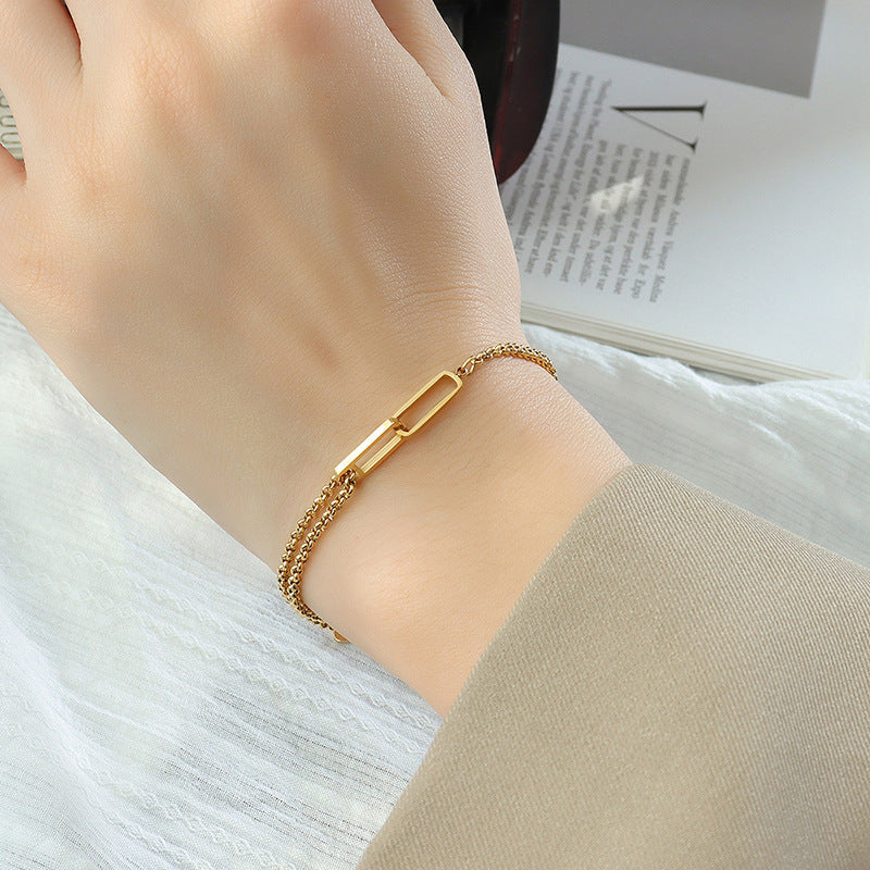 Christmas geometric hollowed-out rectangular double-layer chain bracelet women's titanium steel plated 18K gold jewelry E179