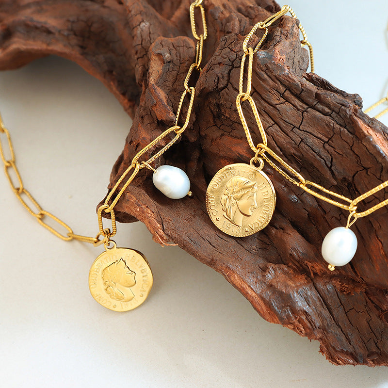 Trendy Hip Hop Retro Classic Portrait Round Brand Freshwater Pearl Pearl Pendant Necklace Hot Selling Jewelry