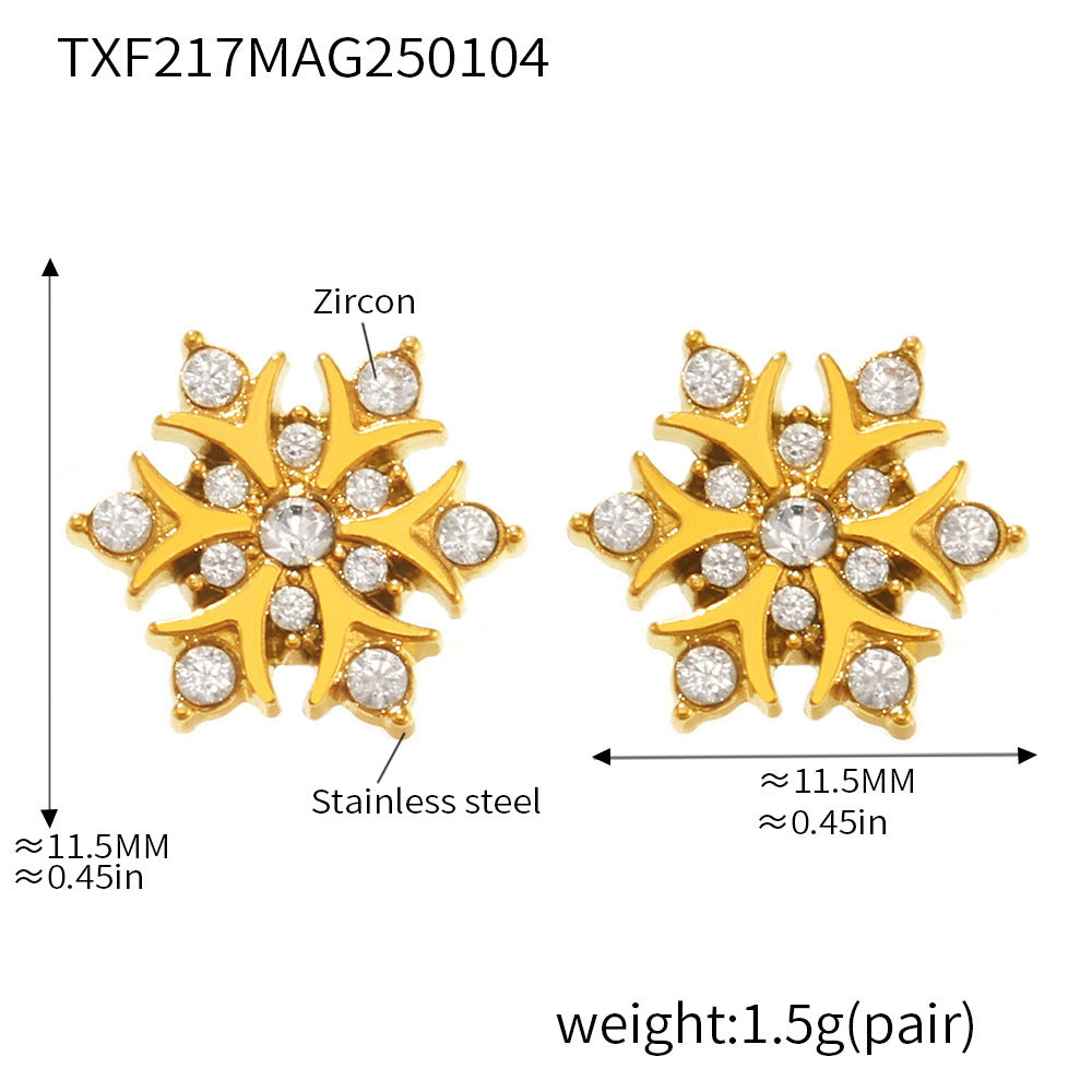 Handmade inlaid zircon snowflake stud earrings stainless steel plated 18K real gold niche fashion commuter earrings wholesale