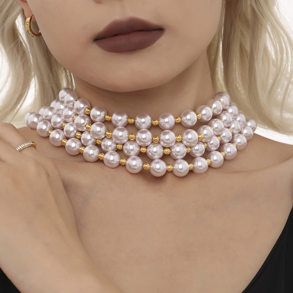 Bead collarbone necklace brass chain buckle imitation pearl light luxury temperament women's jewelry does not fade in stock