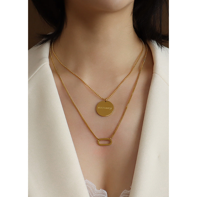 Big Round Brand Geometric Oval Clavicle Neck Chain Hip Hop Style Double Layer Stacked Titanium Steel Necklace Women's Jewelry Pendant