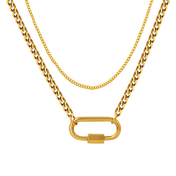 Jewelry chocker geometric special-shaped special oval buckle double layer stacked clavicle titanium steel necklace P961pp