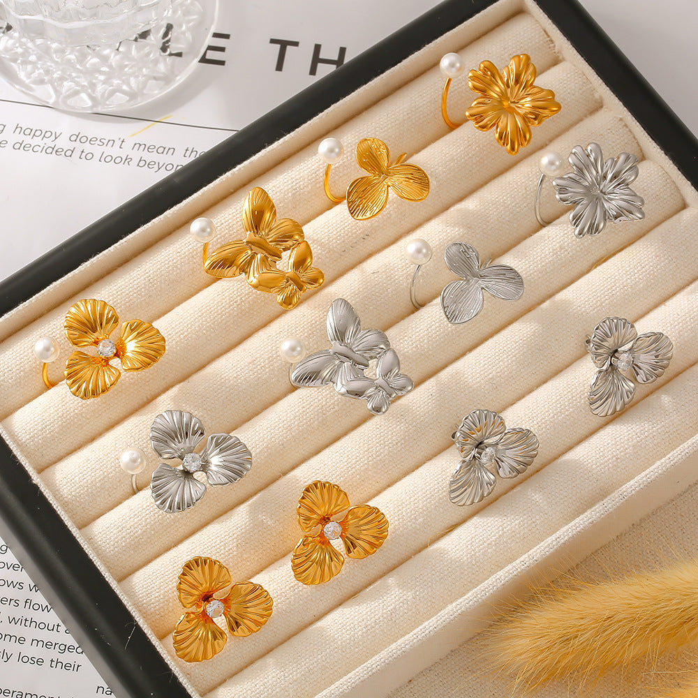 Light Luxury Pearl Flower Ring Titanium Steel 18k Gold Non-Fading Opening Adjustable Ring Fashion Earrings