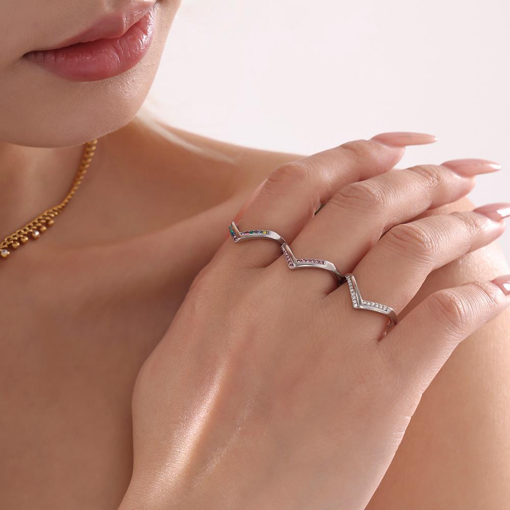V-shaped diamond 5A zircon side opening adjustable stainless steel ring women's non-fading index finger ring