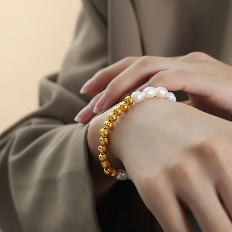 New light luxury and versatile high-end natural freshwater pearl handmade beaded titanium steel gold-plated bracelet jewelry