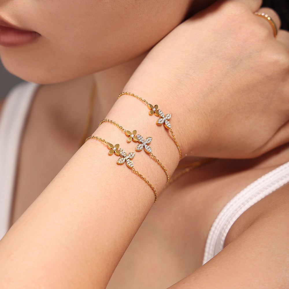 Zircon four-leaf flower double-layer collarbone necklace bracelet women's stainless steel PVD plating set
