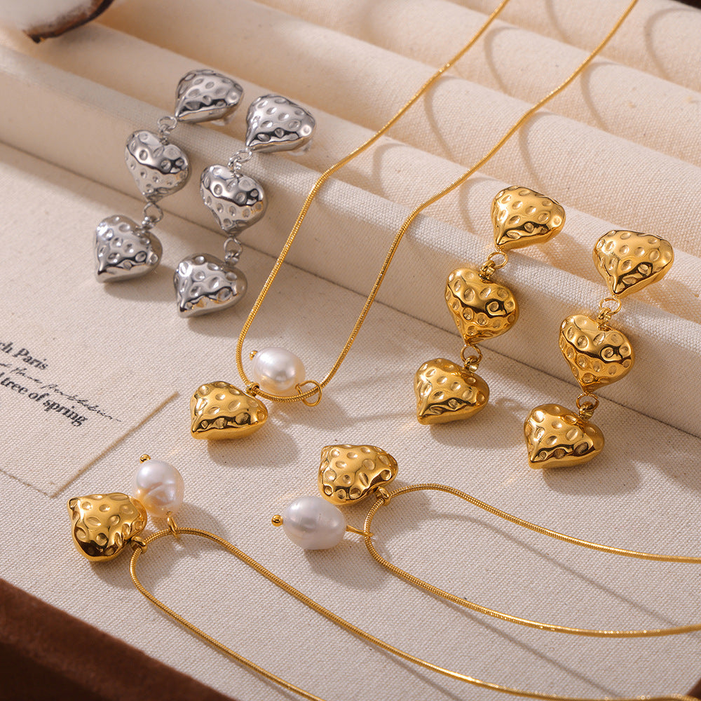 Hot-selling personalized freshwater pearl geometric texture design sense love pendant titanium steel gold-plated jewelry set